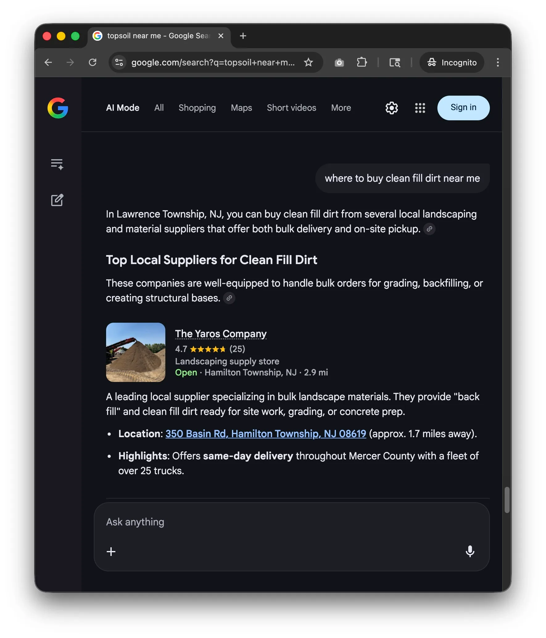 Google AI screenshot for “where to buy clean fill dirt near me”